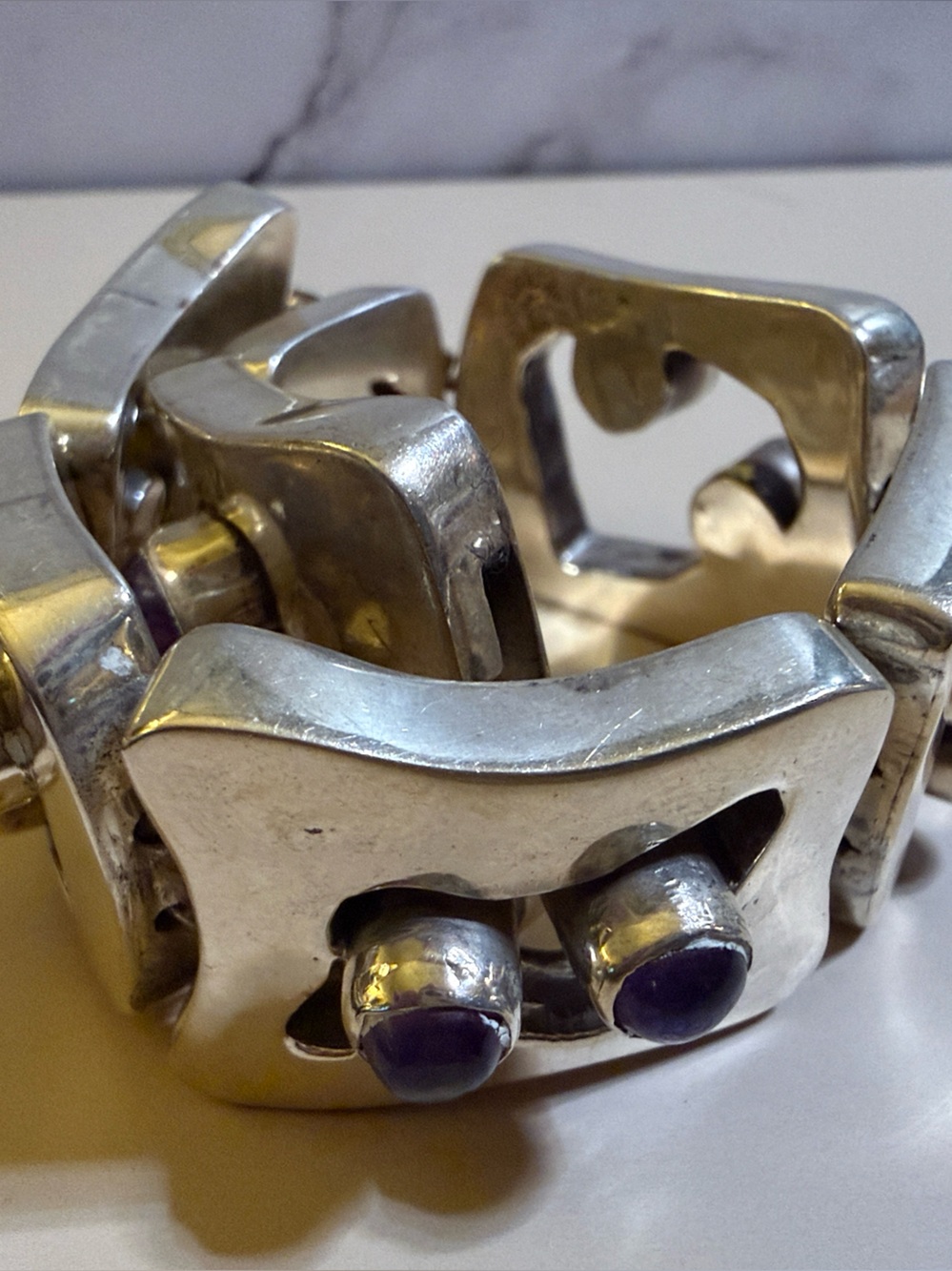 Vintage Heavy Sterling Silver 925 Mexico & Amethyst Bracelet